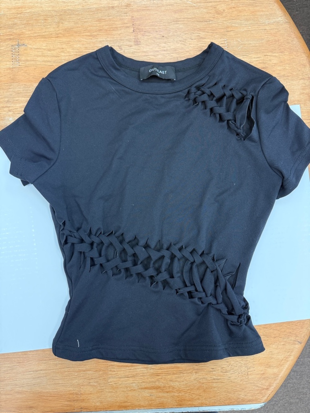 Outcast Black Short Sleeve Tee with Woven Cutout Detail